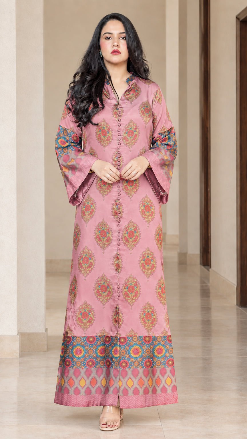 Front full-length view of dusty pink ethnic print maxi kaftan dress