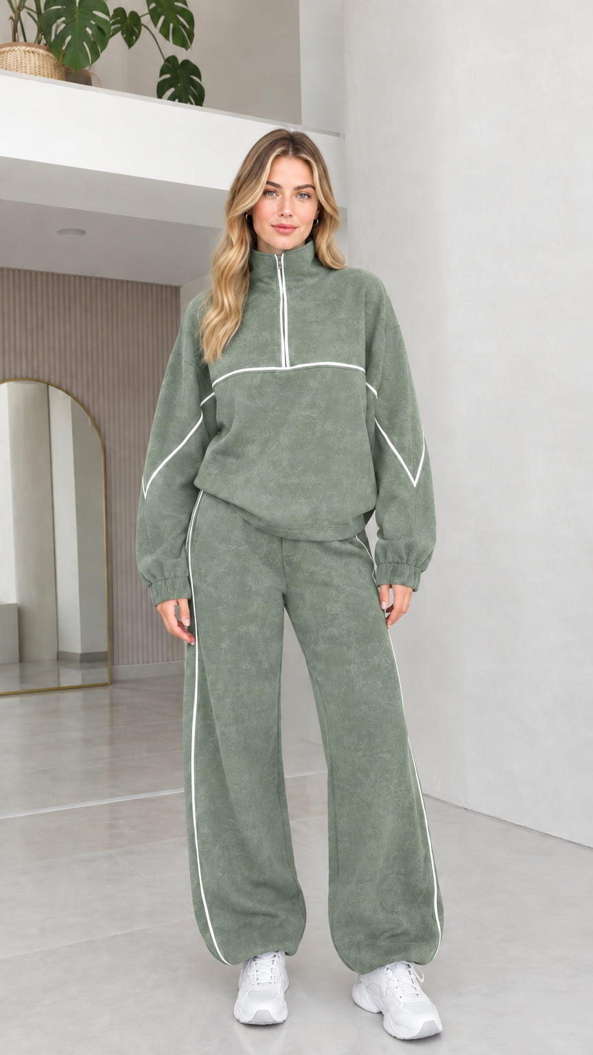 Sage green matching fleece pullover sweatshirt and wide leg lounge pants