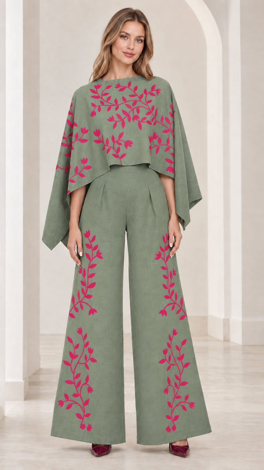Front view of sage green embroidered cape sleeve wide leg jumpsuit
