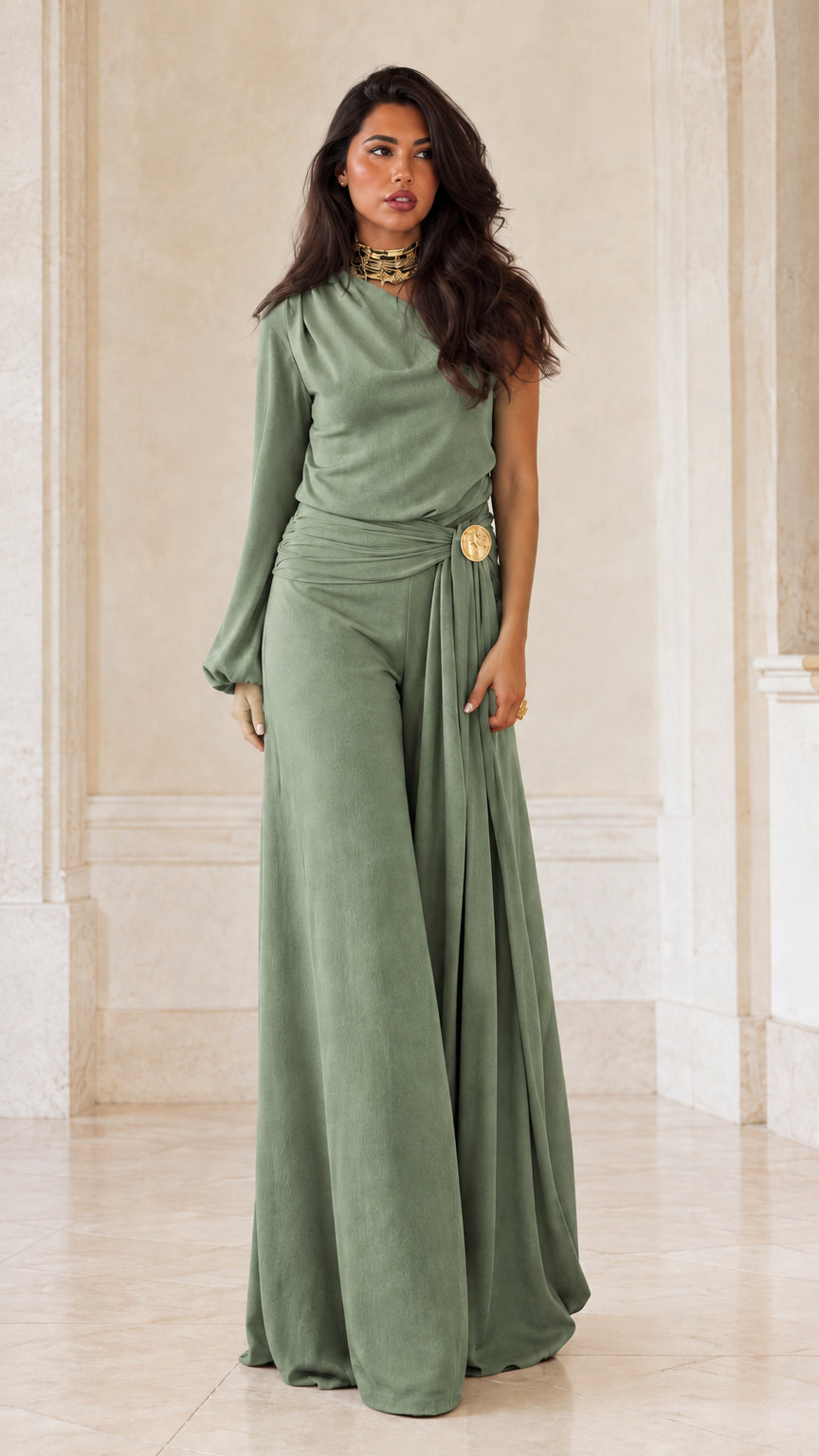 Full-length studio shot of sage green one-shoulder wide-leg evening jumpsuit