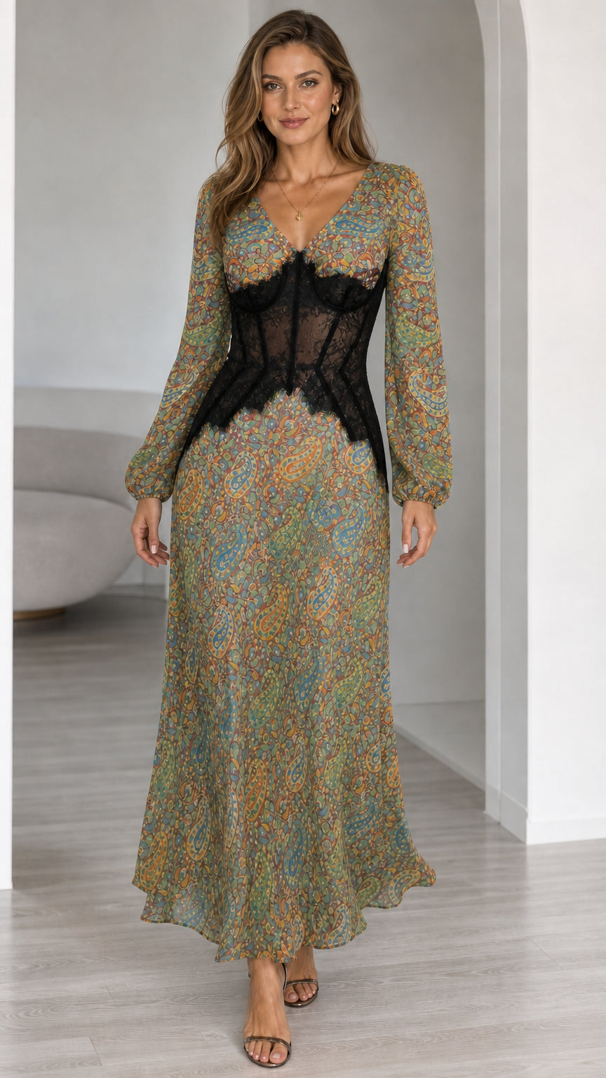 Front view of model in Sage Green Multi paisley long sleeve maxi dress with lace waist