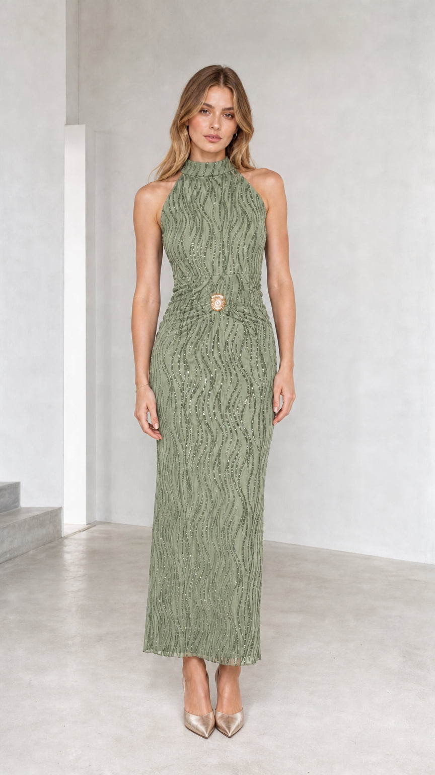 Sage green high neck textured sleeveless maxi dress on model