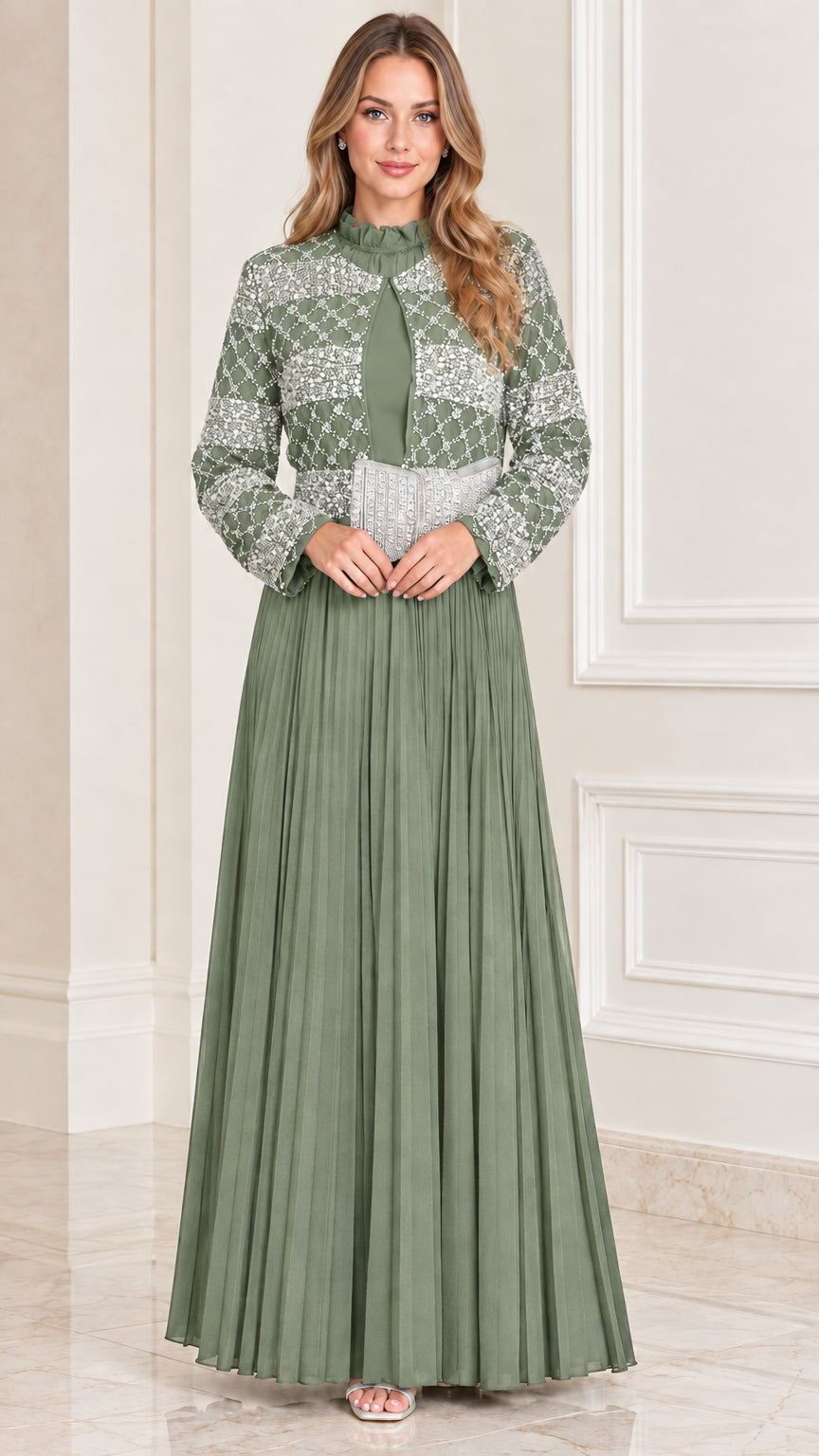 Sage Green sequined long sleeve pleated maxi formal gown