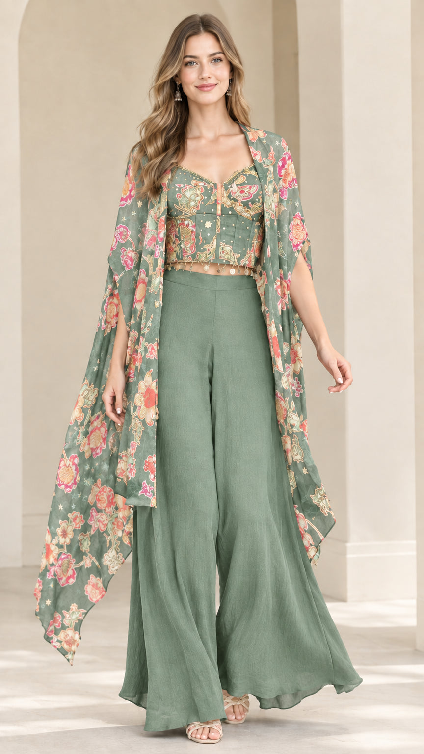 Sage green 3-piece floral printed cape and palazzo co-ord set