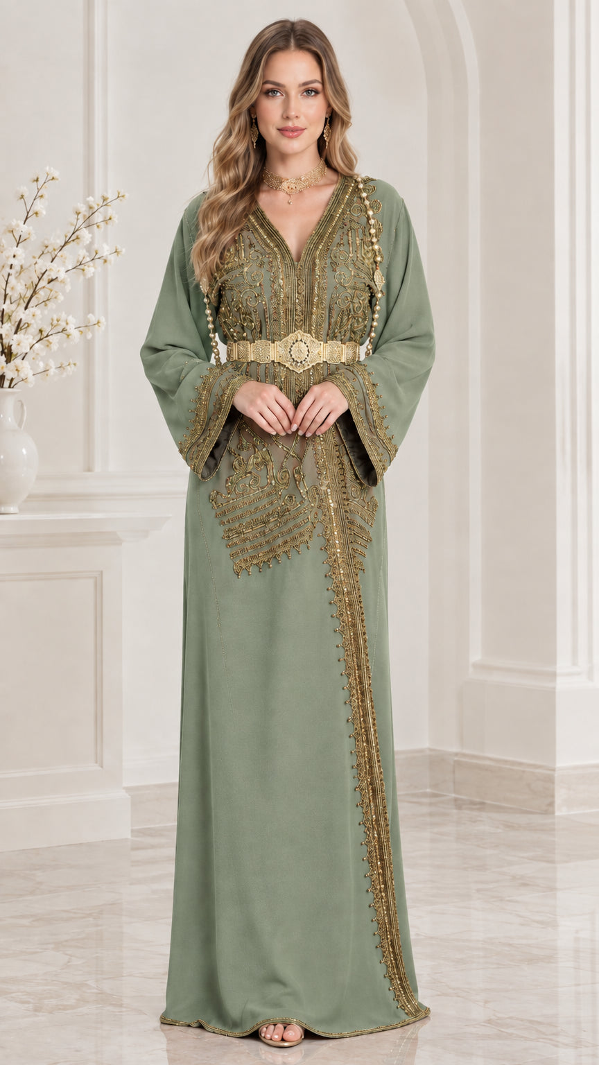 Sage Green embroidered Moroccan kaftan maxi dress with ornate gold belt