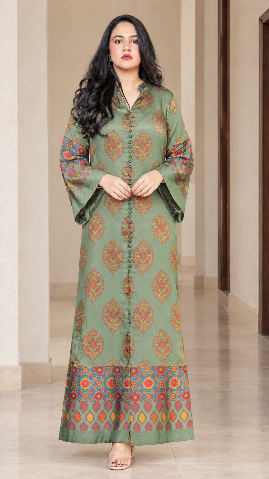 Front full-length view of sage green ethnic print maxi kaftan dress