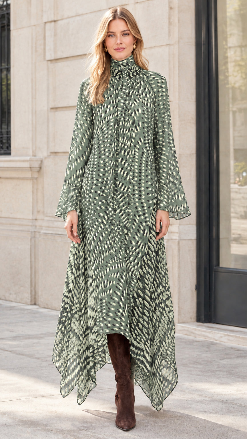 Model wearing Sage Green printed tie neck maxi dress