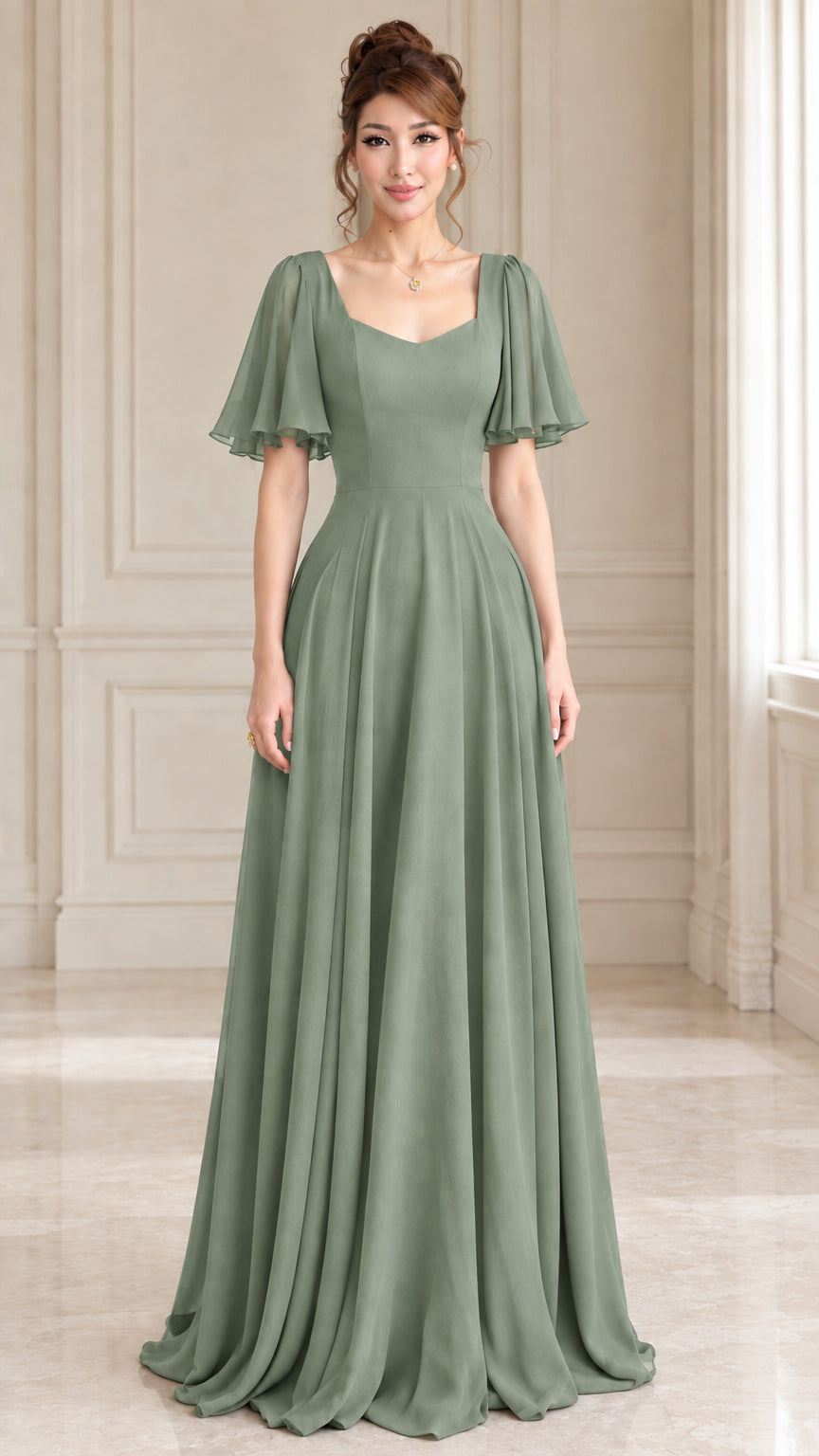 Sage green flutter sleeve chiffon bridesmaid maxi dress
