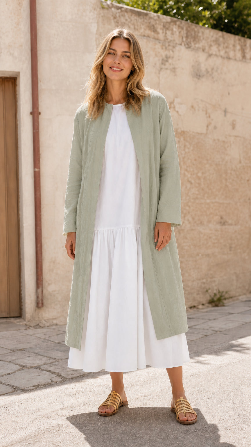 Woman wearing sage green open front longline duster coat over white dress