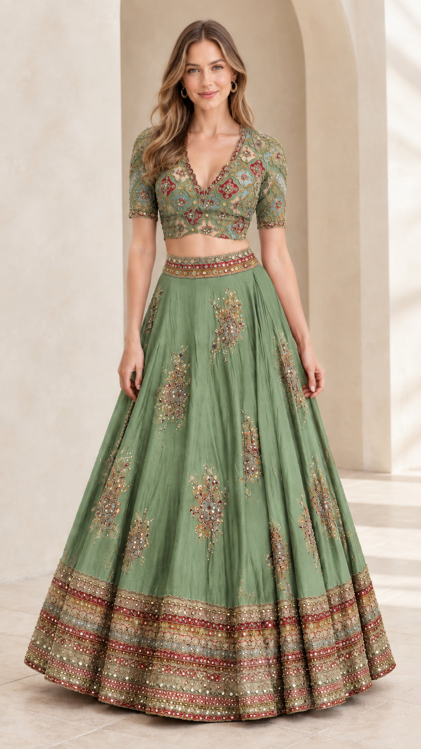 Woman wearing Sage Green embroidered crop top and pleated maxi skirt ensemble