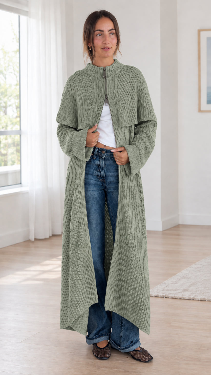 Front view of sage green ribbed knit longline capelet cardigan duster coat
