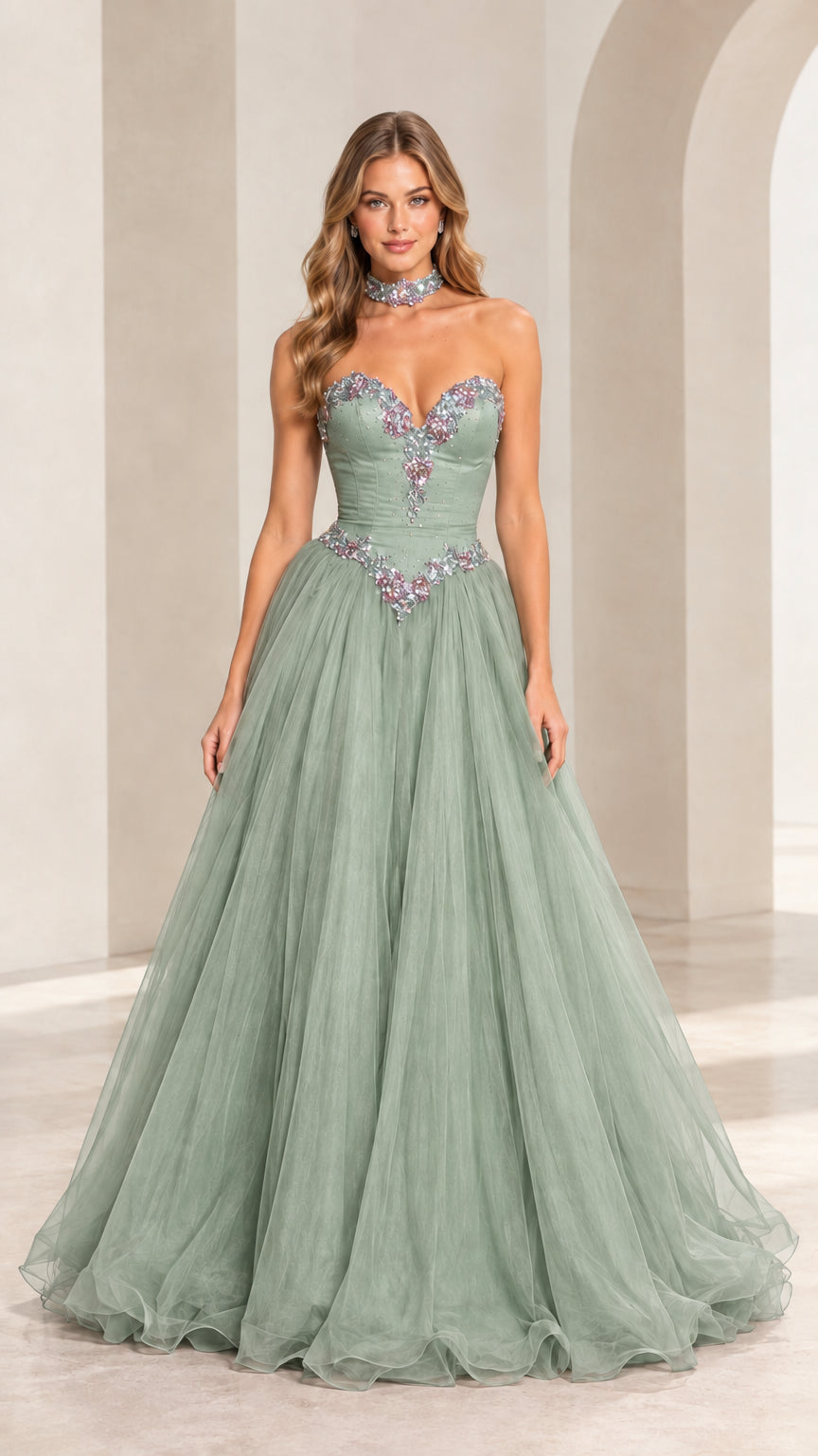 Model wearing sage green strapless beaded tulle evening dress