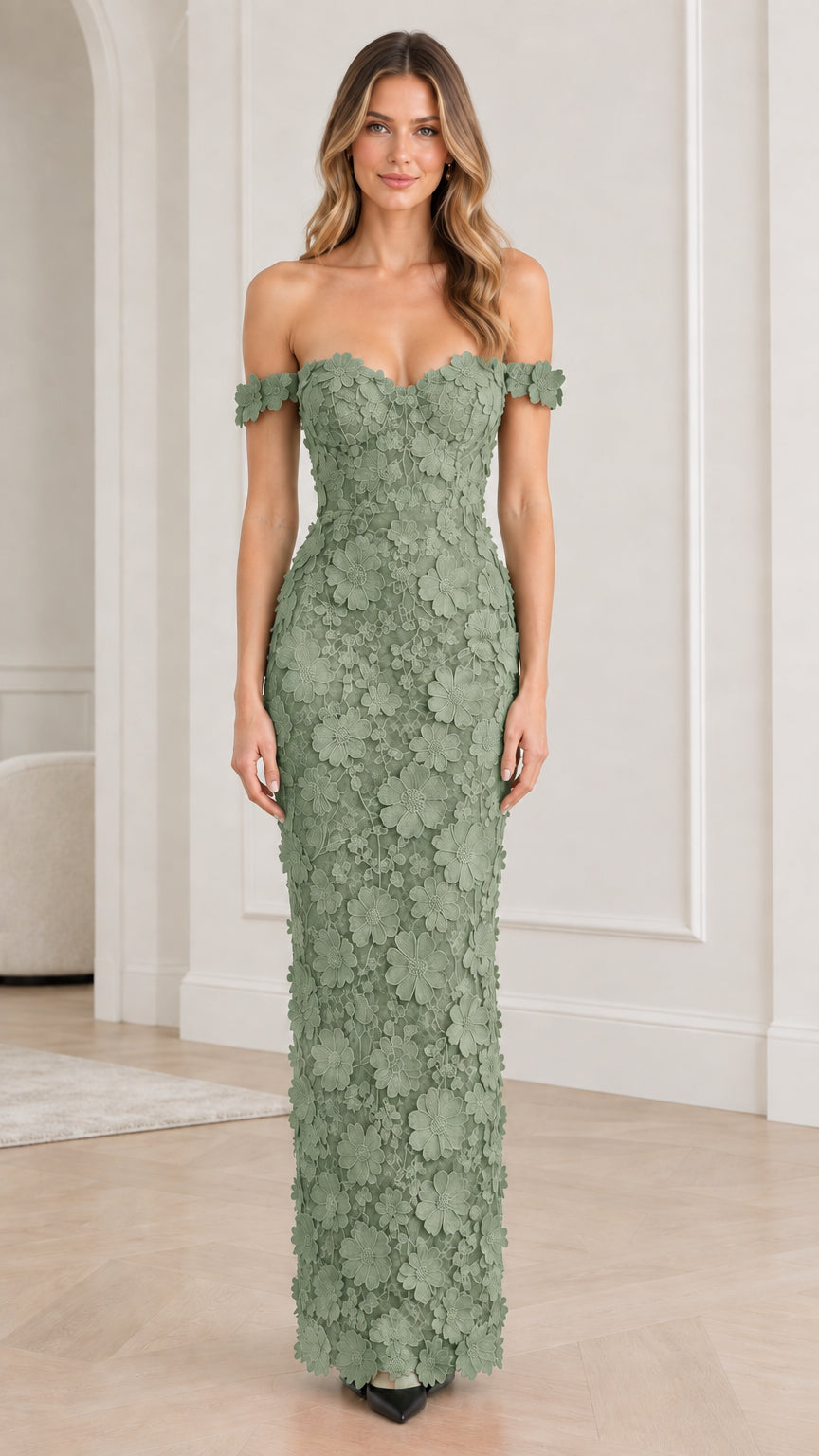 Sage Green off-the-shoulder 3D floral column maxi dress