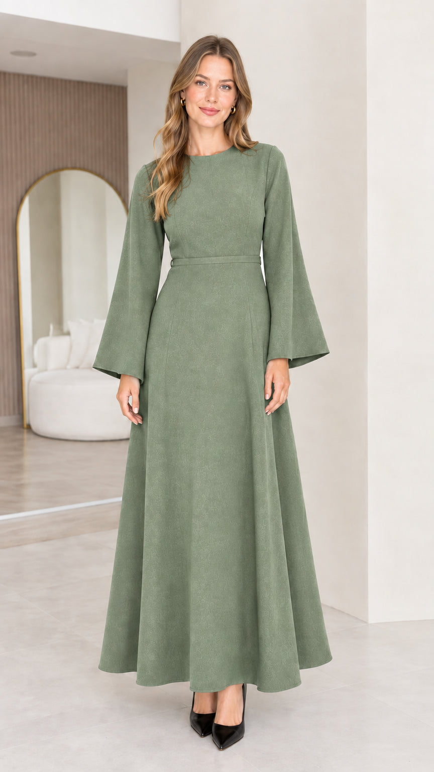 Front view of a sage green women's long sleeve A-line maxi dress