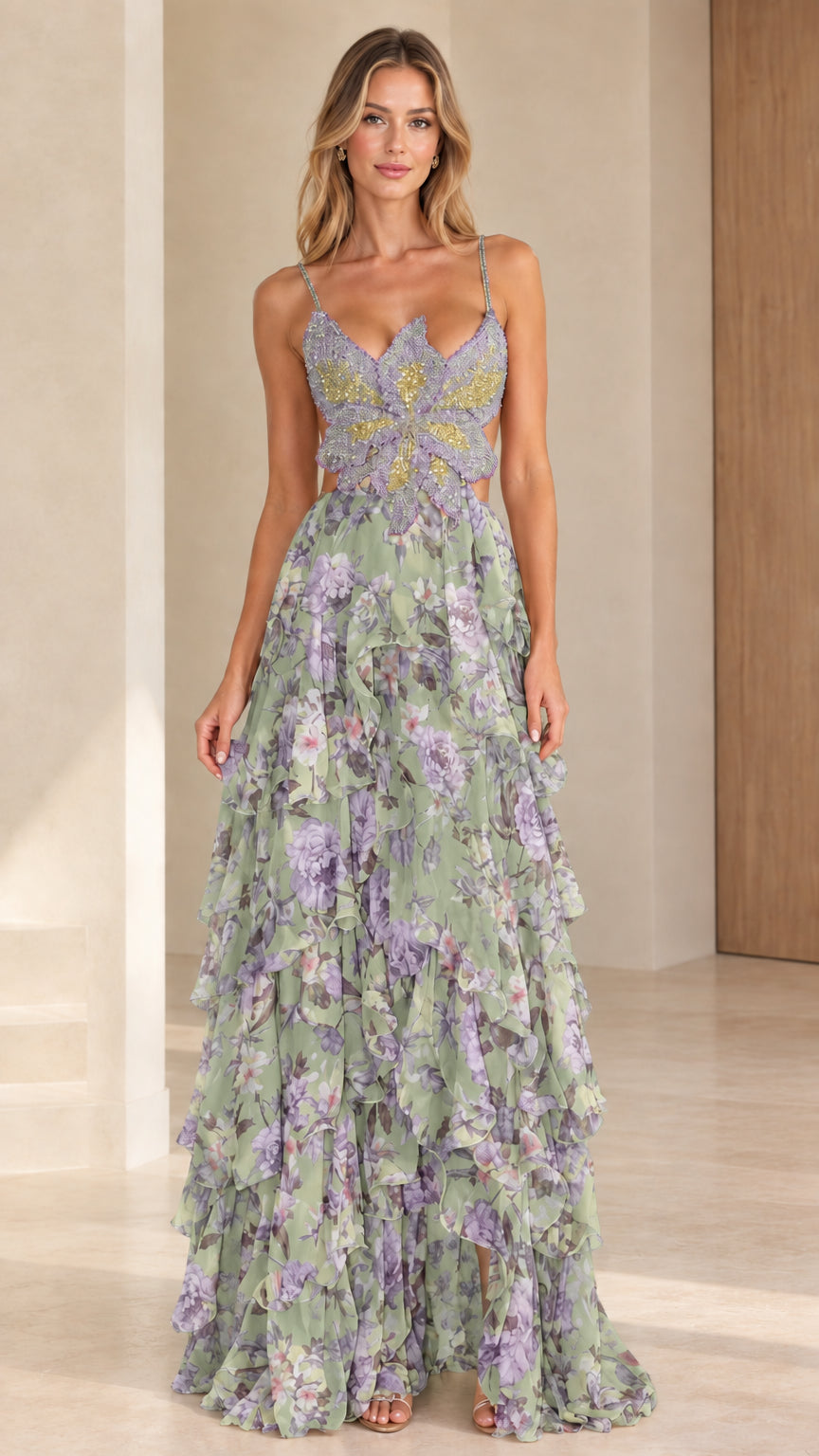 Front view of model wearing sage green floral butterfly beaded tiered maxi dress