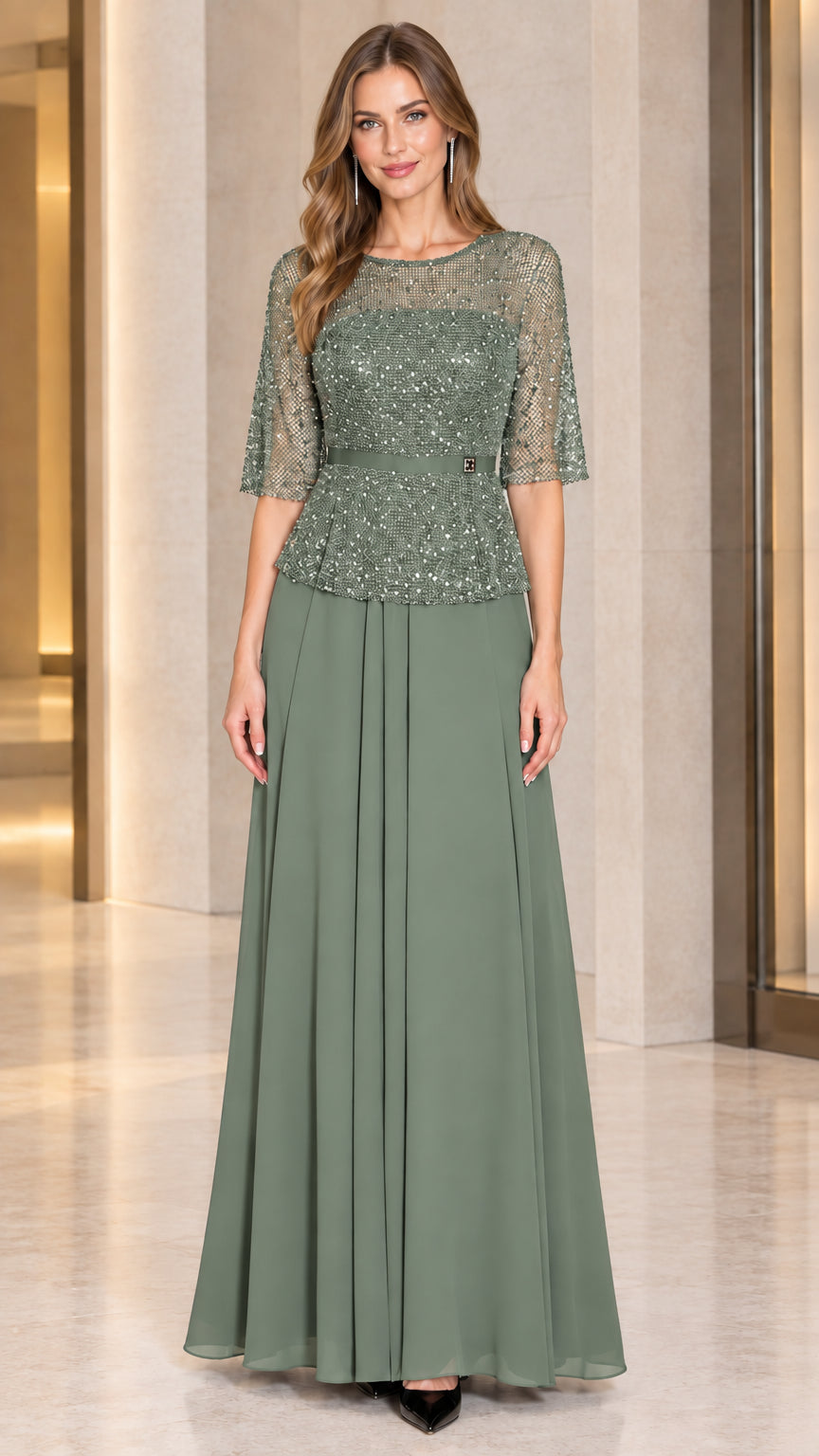 Sage green sequin mesh half sleeve maxi evening gown