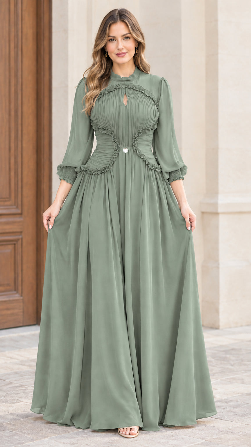 Front full-length view of woman wearing sage green long sleeve chiffon maxi dress