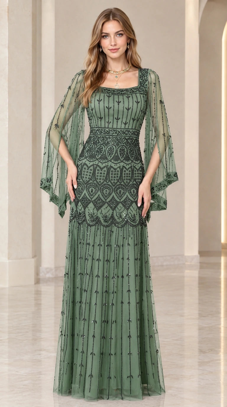 Front view of model wearing sage green sequin embellished evening gown with flutter sleeves
