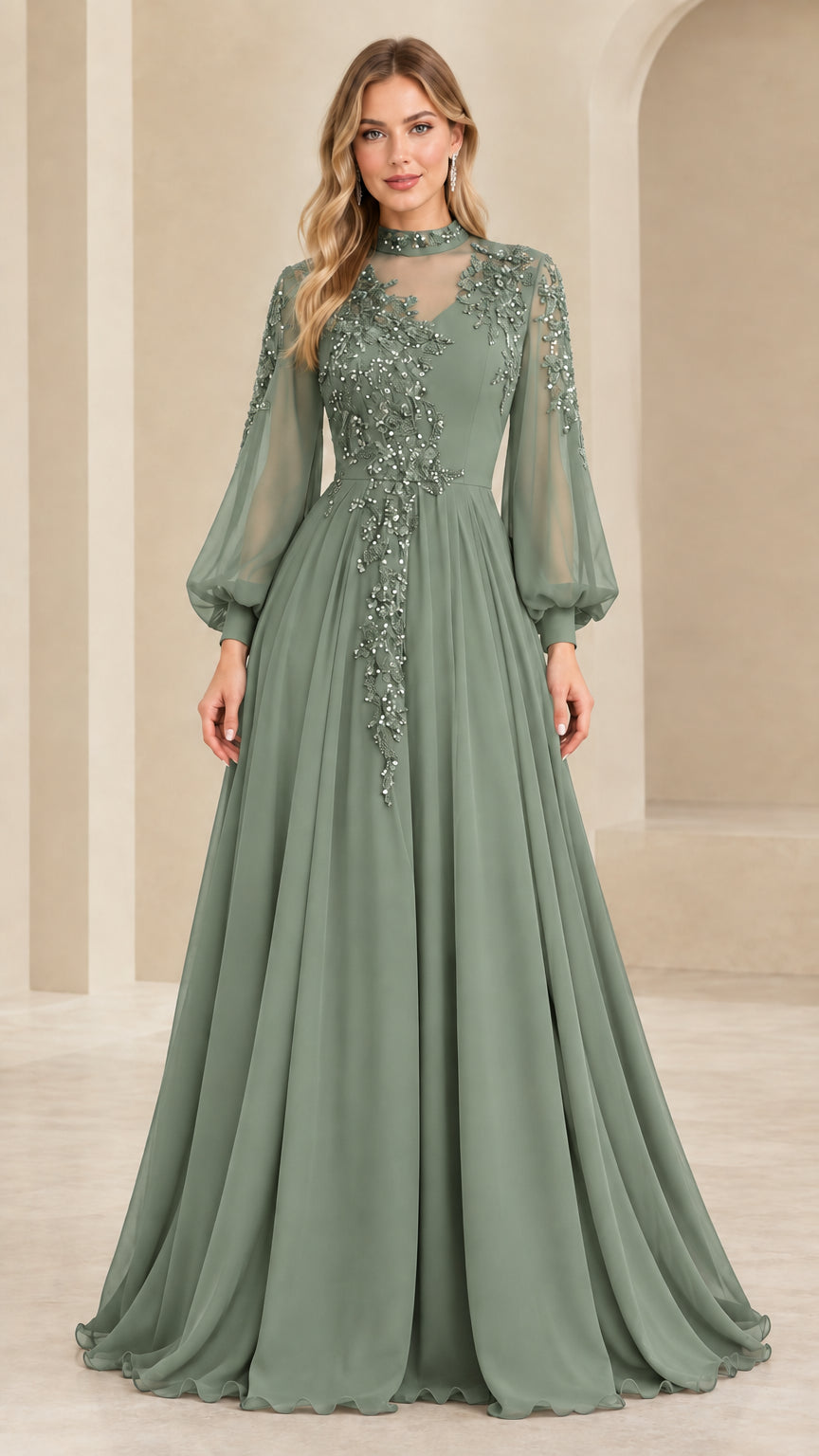 Full front view of sage green long sleeve sequin illusion formal dress