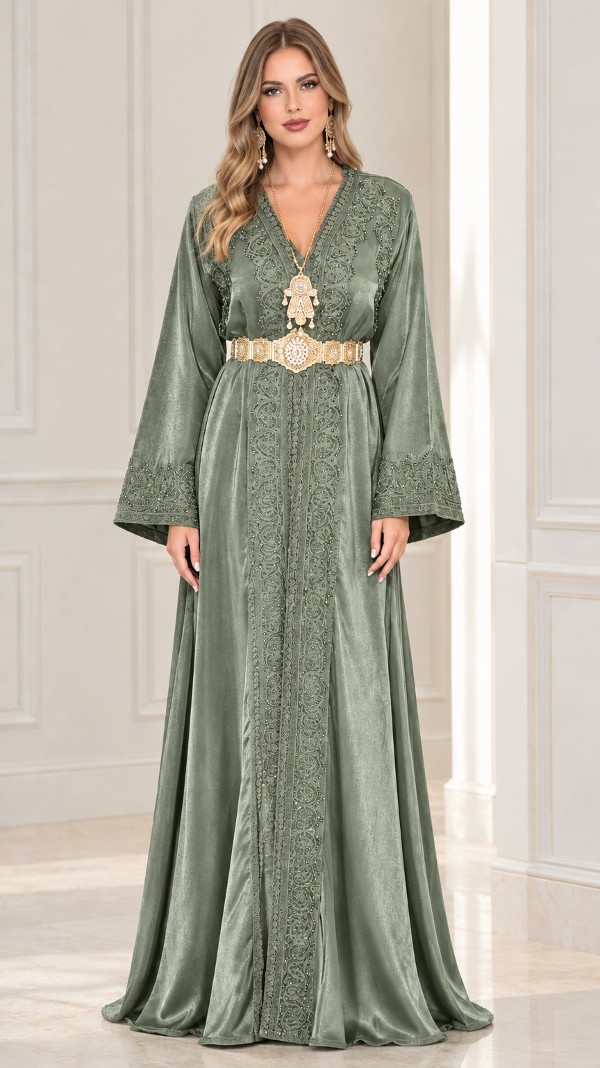 Front view of sage green embroidered satin kaftan maxi dress