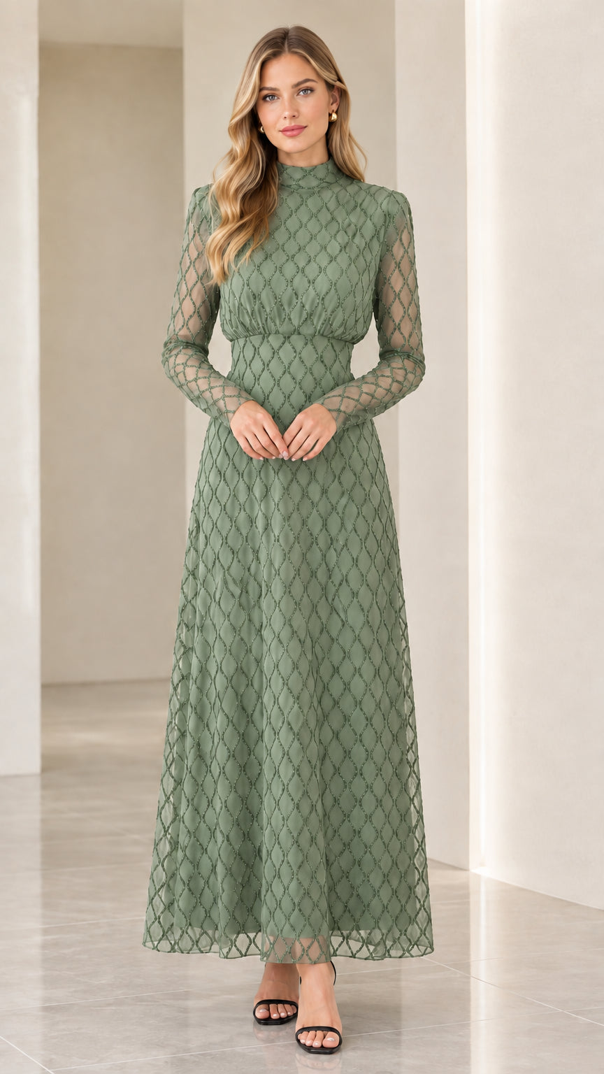 Front full view of woman wearing sage green geometric long sleeve maxi dress