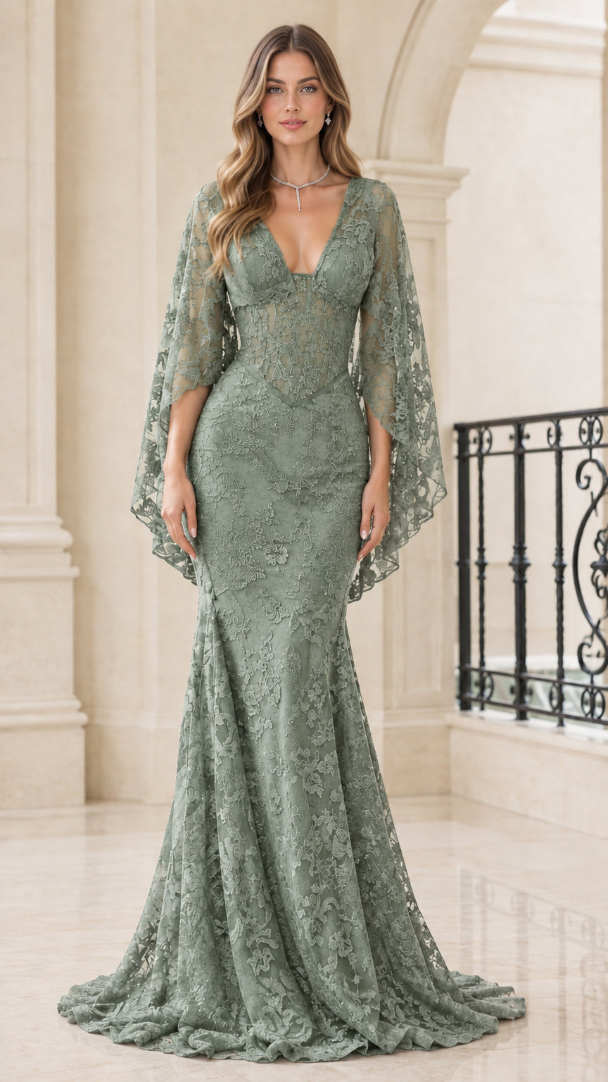 Front view of Sage Green lace cape sleeve mermaid formal gown