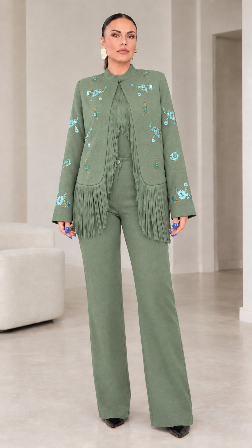 Sage green floral embroidered fringe blazer and wide leg trousers suit set
