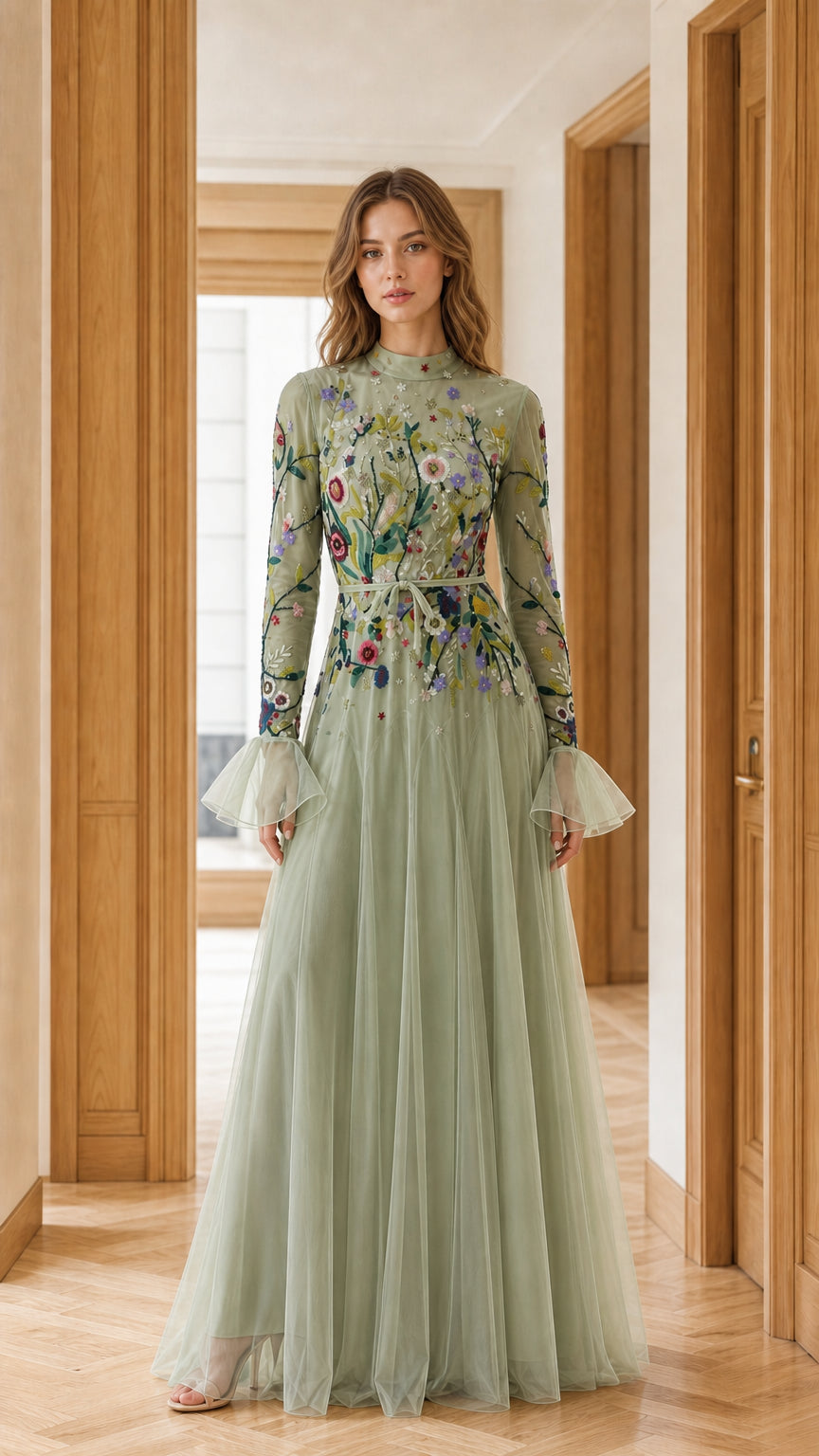 Front view of sage green floral embroidered high neck tulle maxi dress