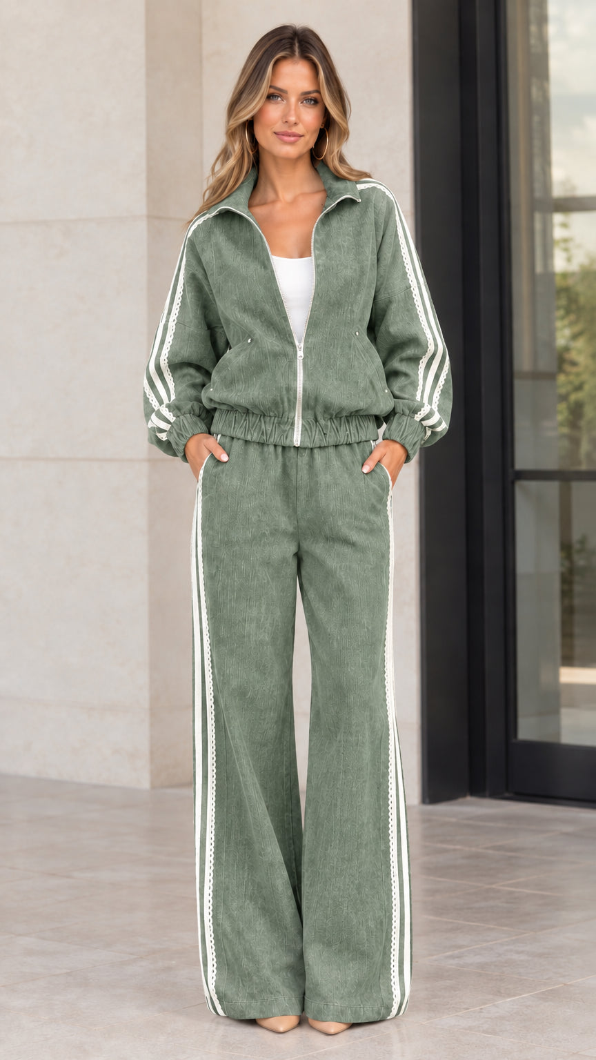 Front view of woman wearing sage green corduroy zip jacket and wide-leg pants set