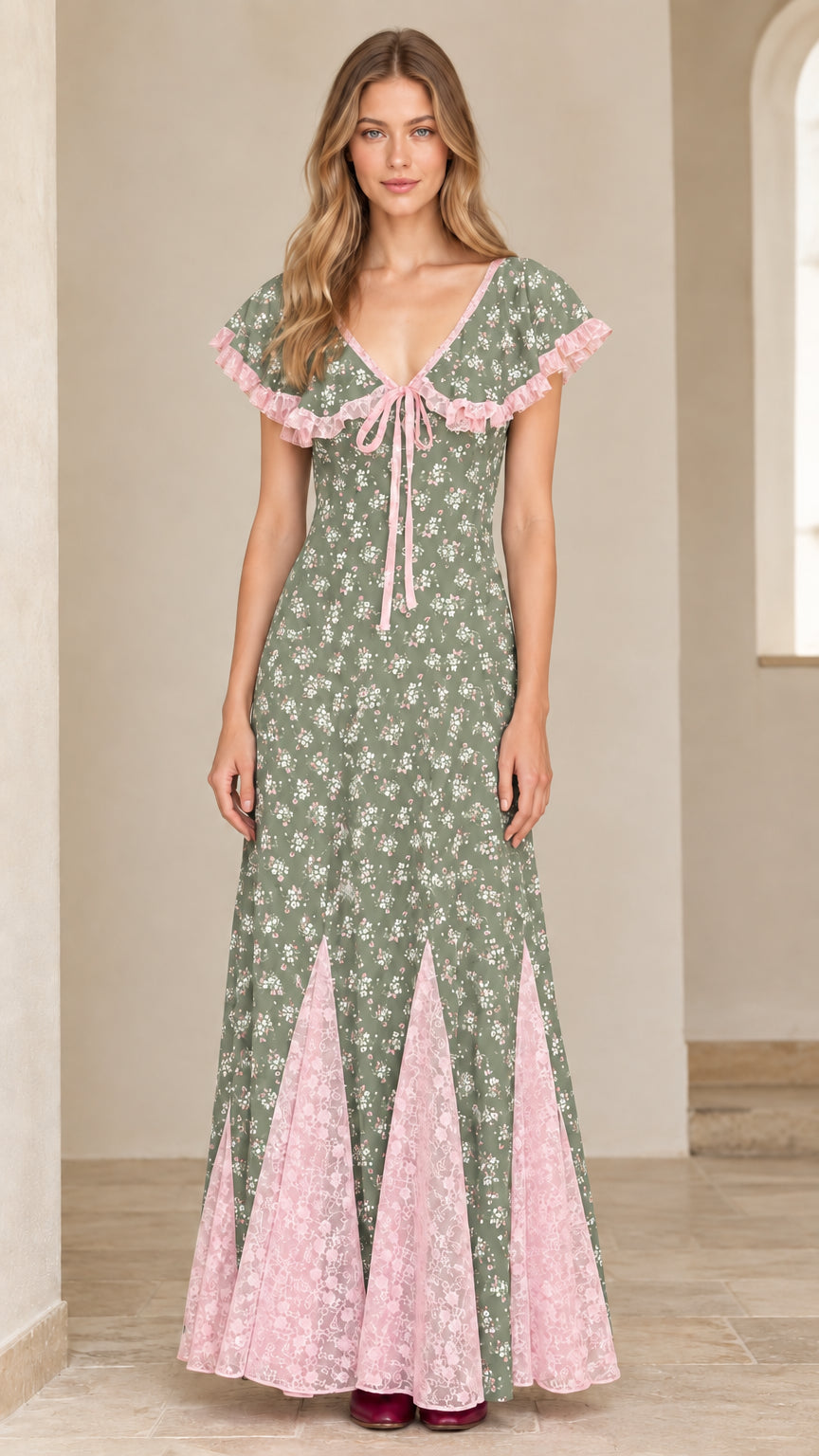 Sage green floral maxi dress with pink lace collar and godet skirt inserts