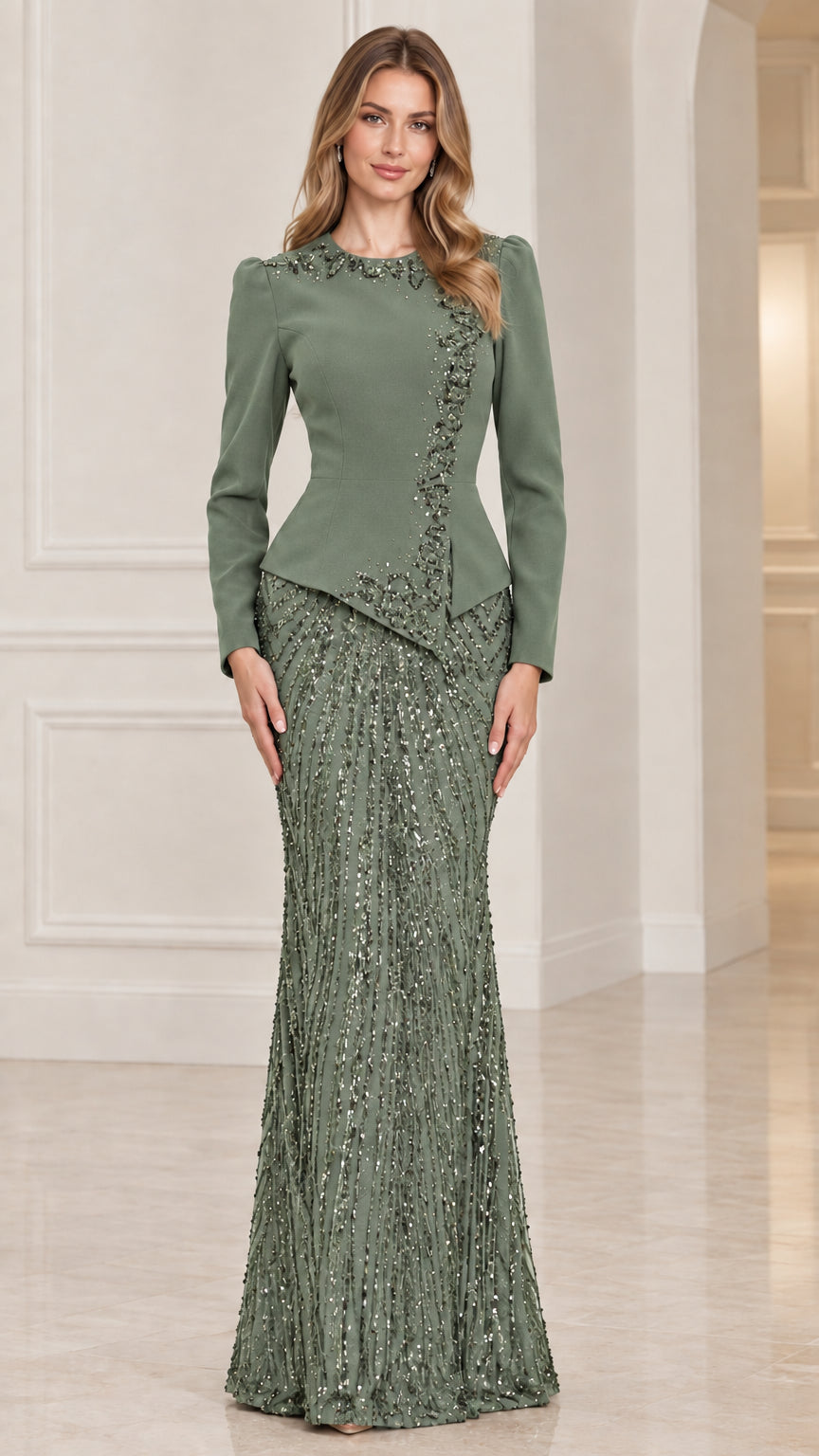 Sage green long sleeve sequin column gown with peplum detailing