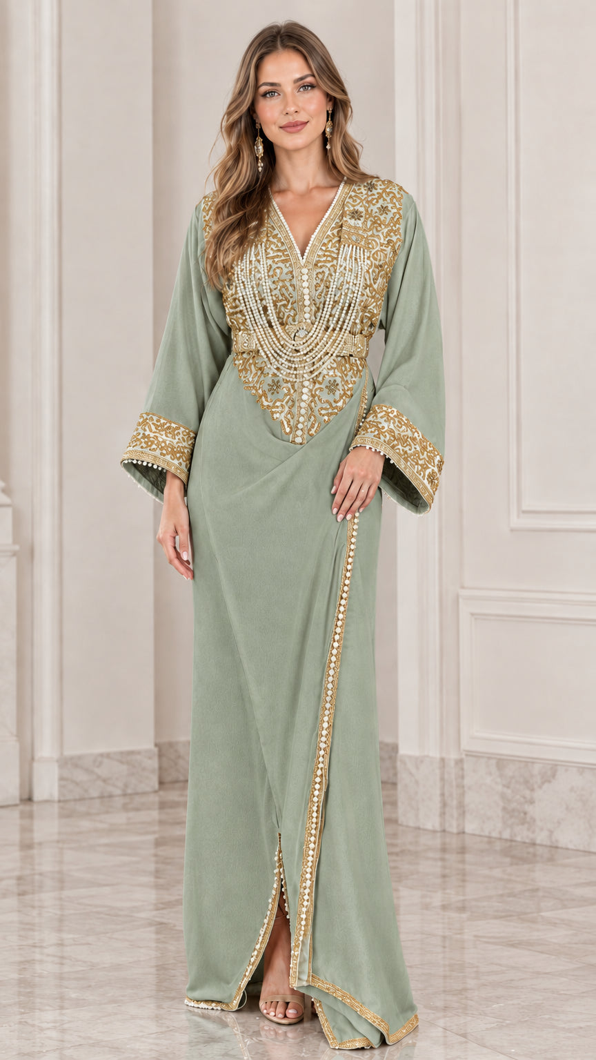Front view of model wearing sage green kaftan maxi dress with gold embroidery