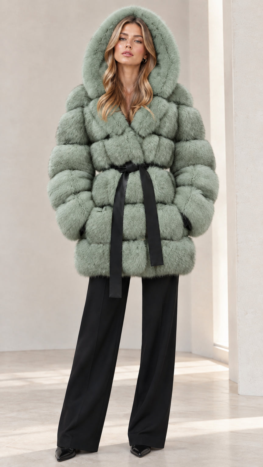 Full front view of Sage Green plush hooded faux fur coat with black tie belt