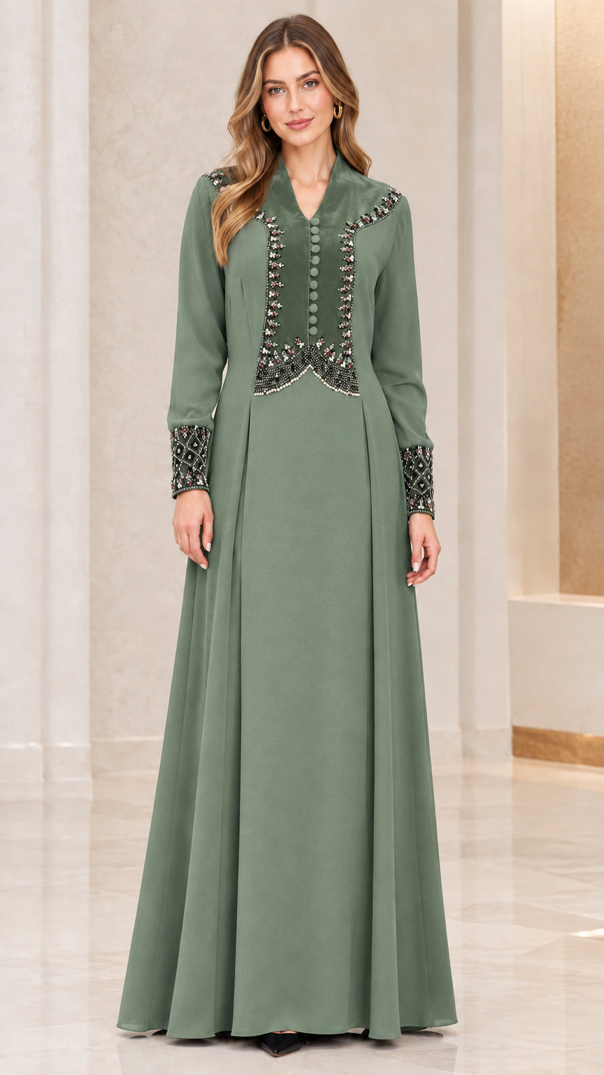 Sage green long sleeve beaded velvet trim A-line maxi dress