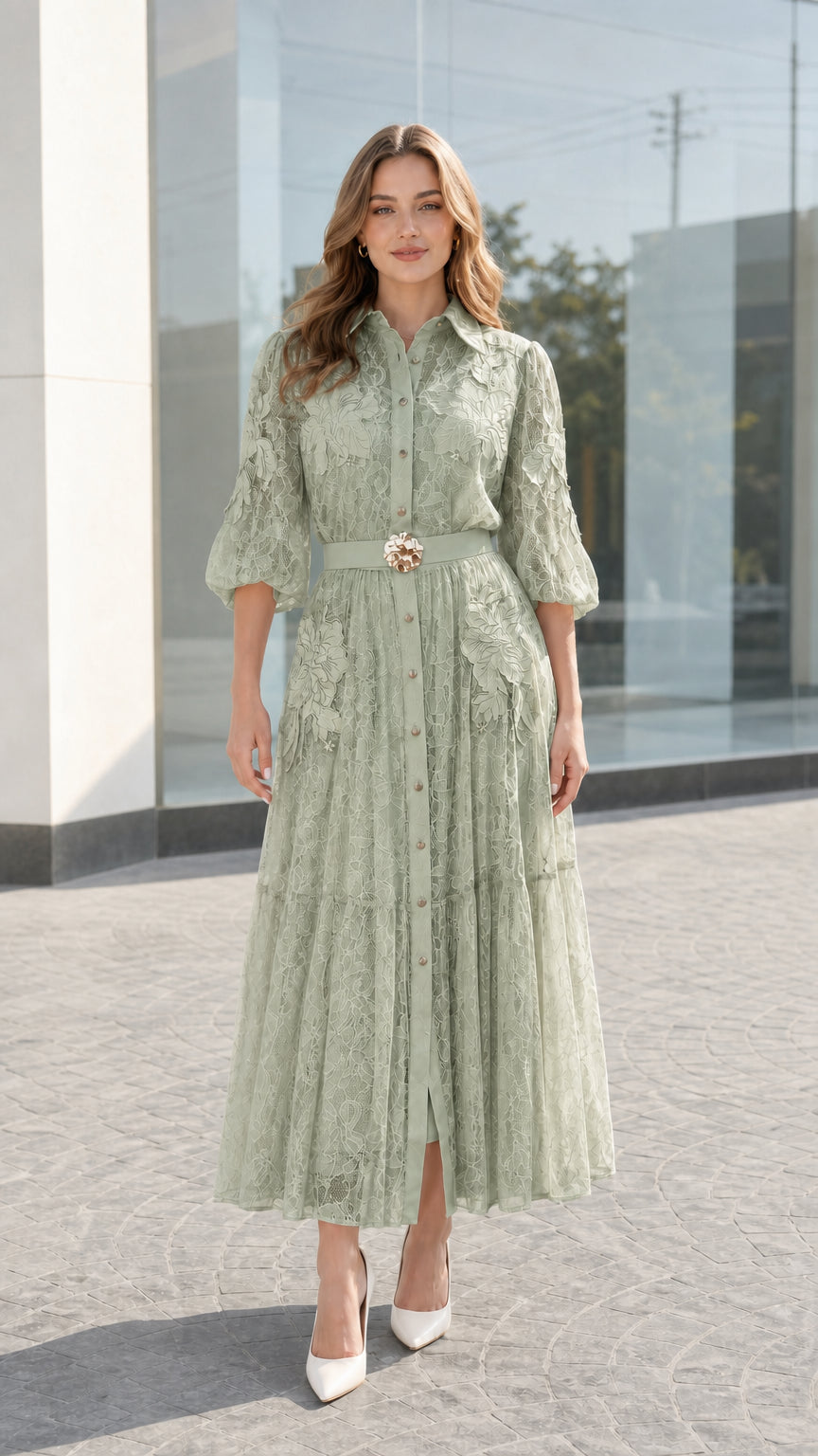 Front view of sage green floral lace tiered midi dress with collared neckline