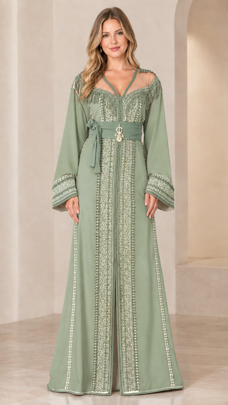 Model wearing sage green embroidered caftan maxi dress with embellished belt