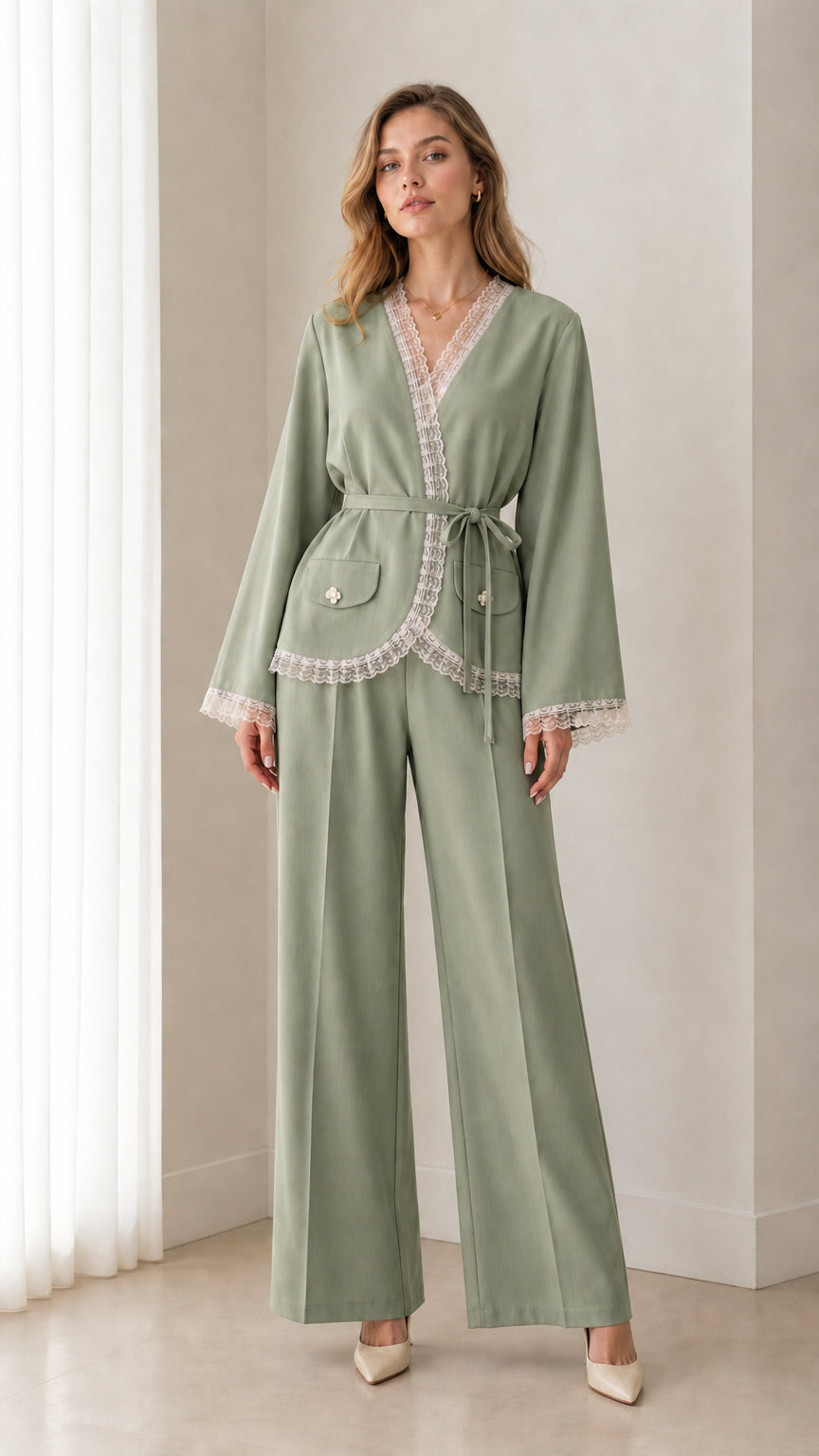 Front view of woman wearing sage green wrap blazer and wide-leg trousers set