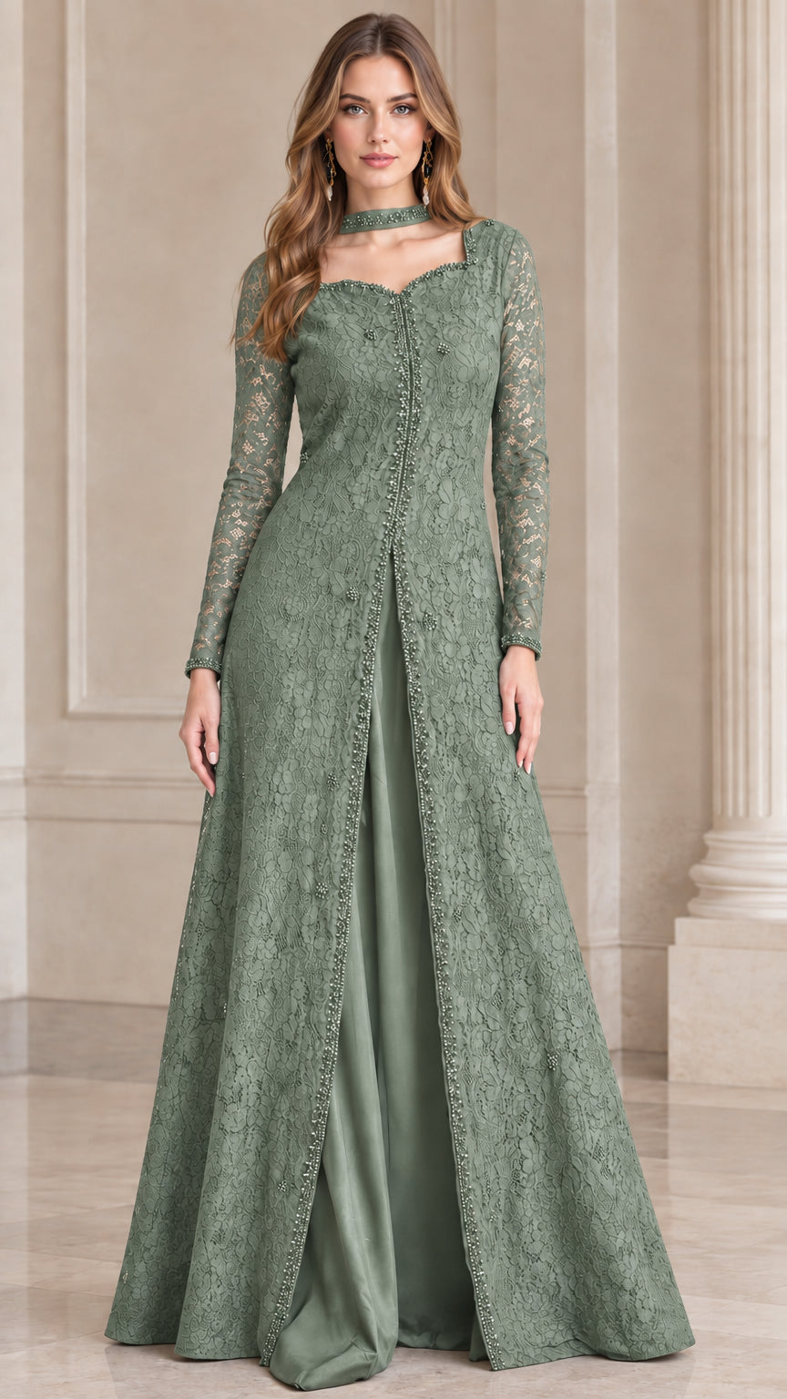 Sage green long sleeve beaded lace A-line evening dress