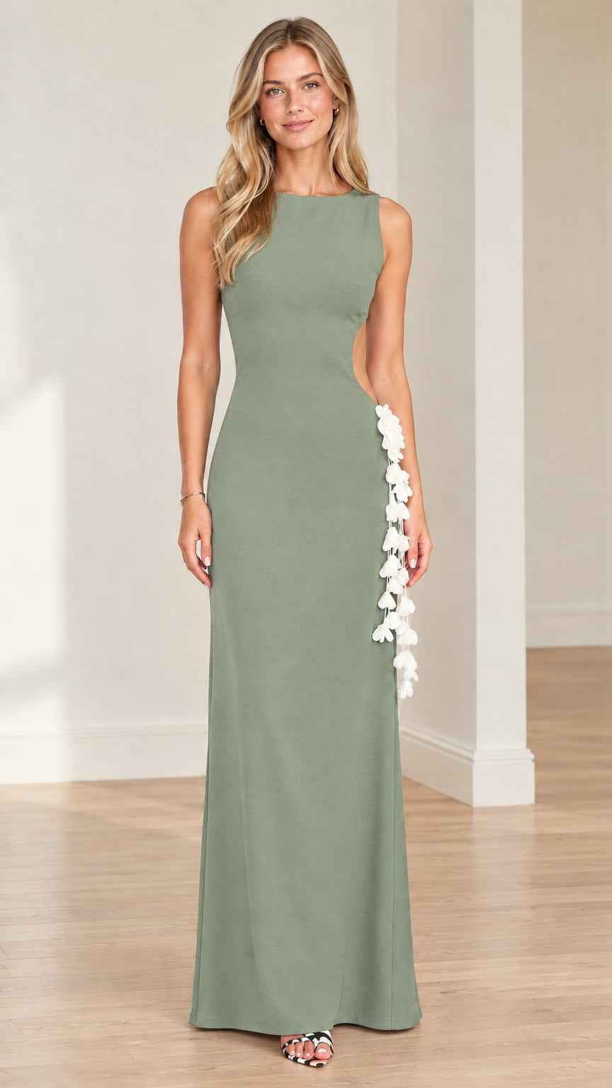 Sage green sleeveless column maxi dress with floral applique detail