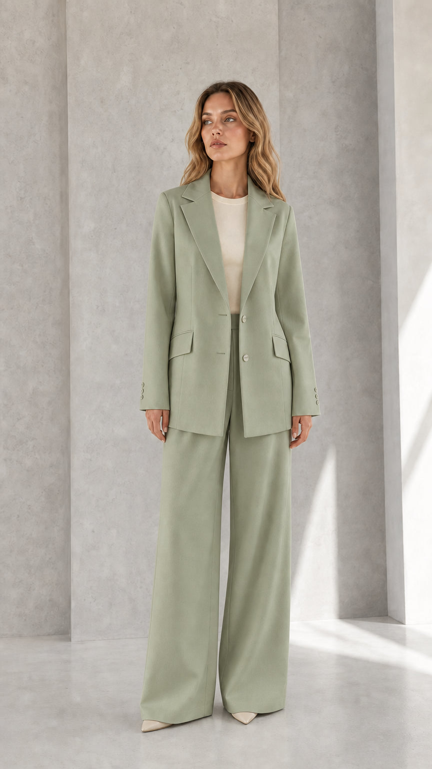 Woman wearing sage green tailored blazer and flowing wide-leg pants set