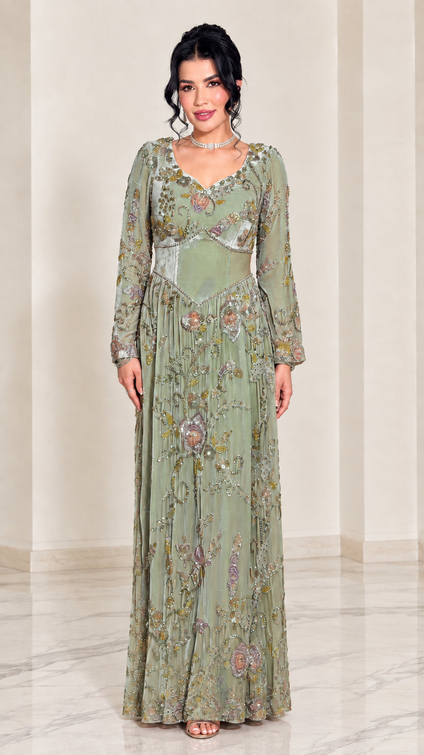 Full-length front view of sage green floral beaded formal maxi dress