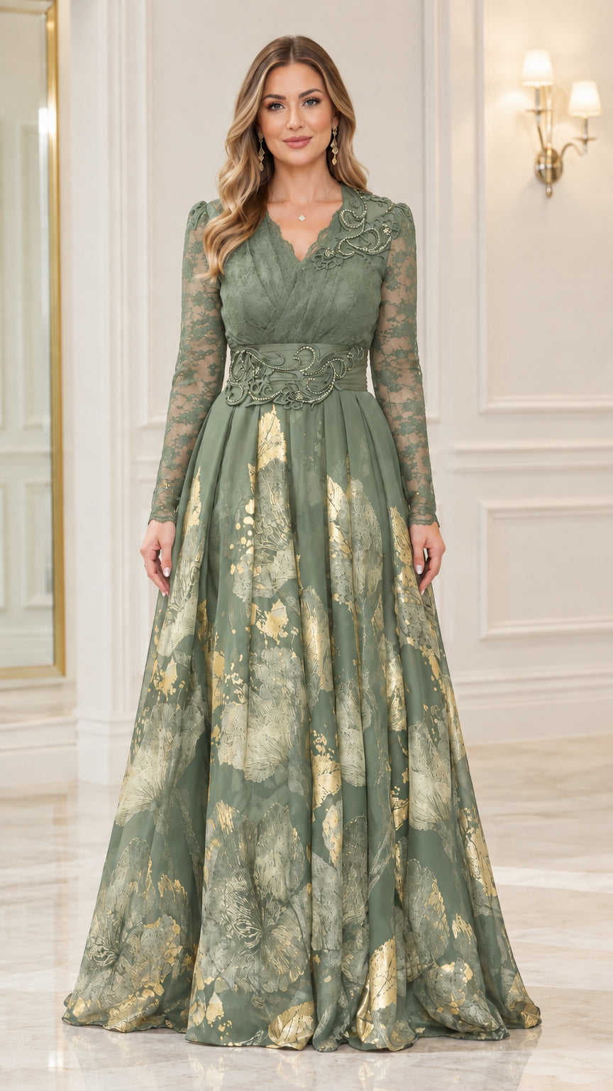 Front full-length view of sage green metallic floral lace maxi gown