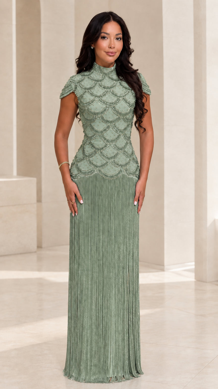 Sage Green beaded scallop bodice fringe floor length dress