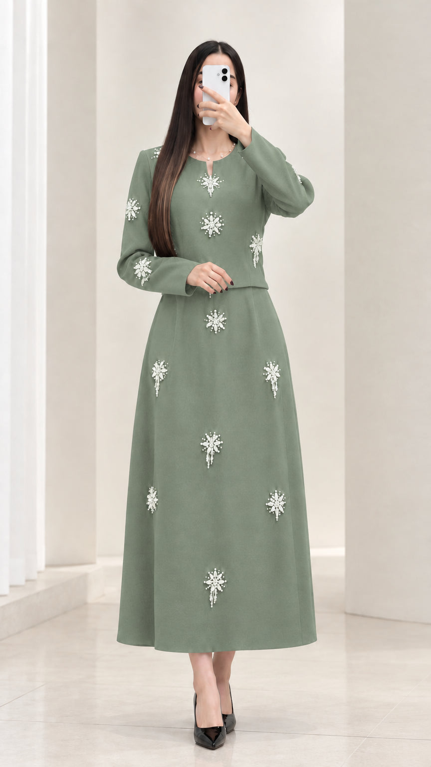Sage green embellished long sleeve top and maxi skirt set