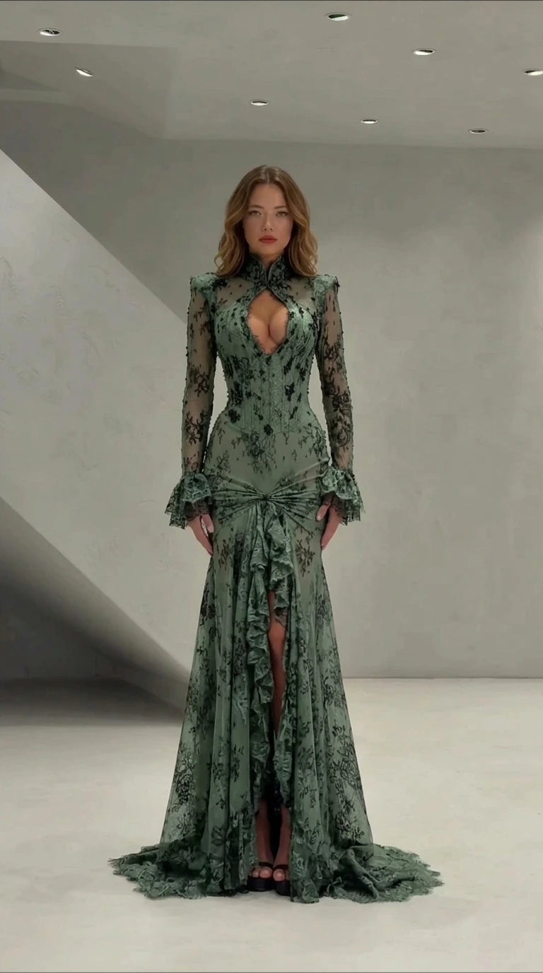 Front view of sage green lace corset mermaid dress with high neck