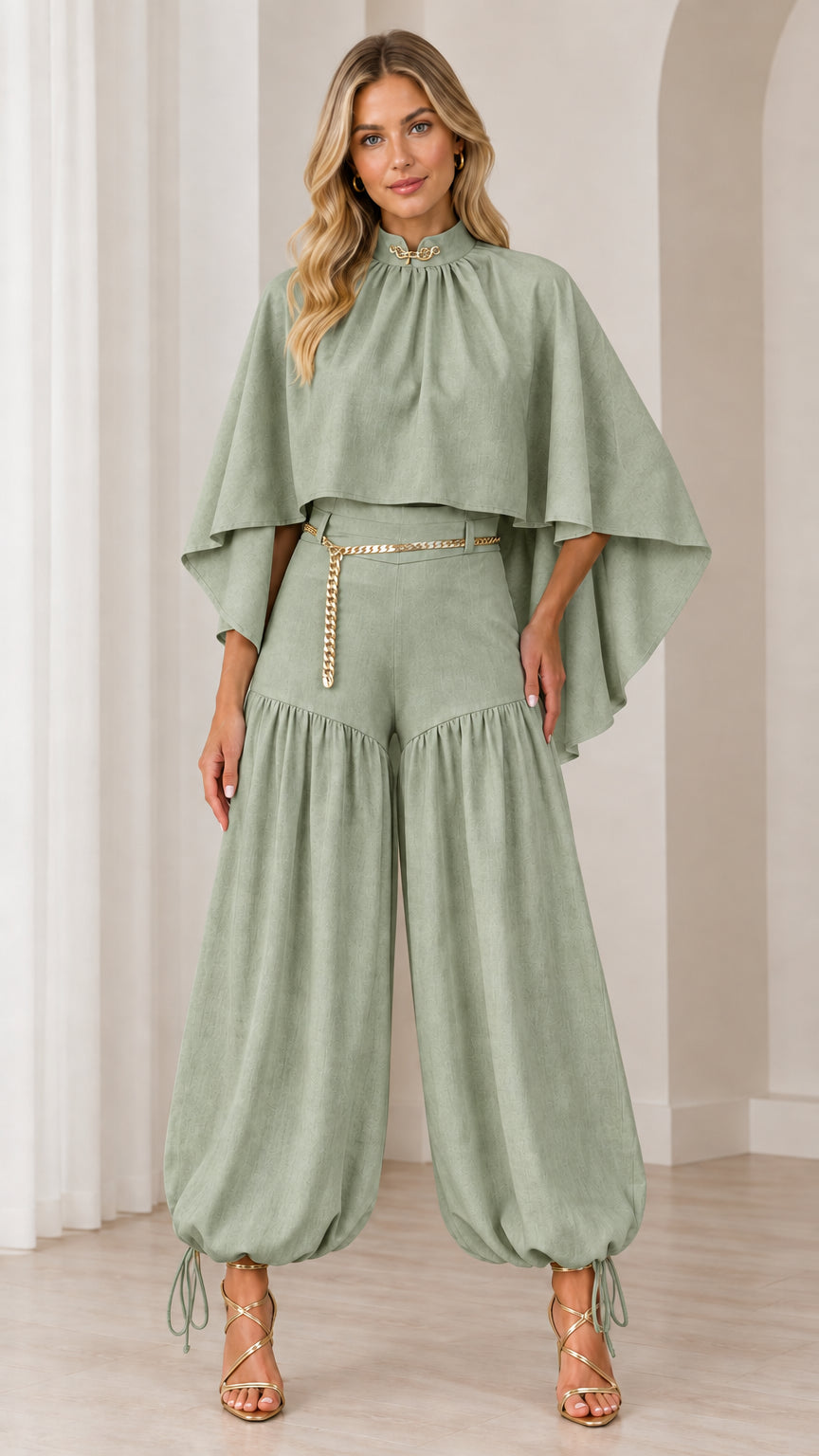 Sage green cape top and ankle-tie balloon pants two-piece outfit