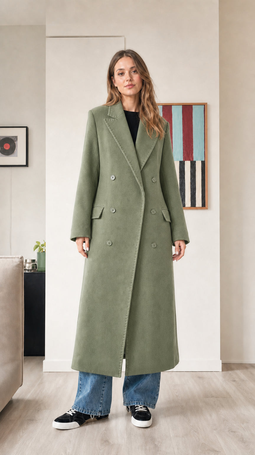 Front view of woman wearing sage green tailored maxi overcoat