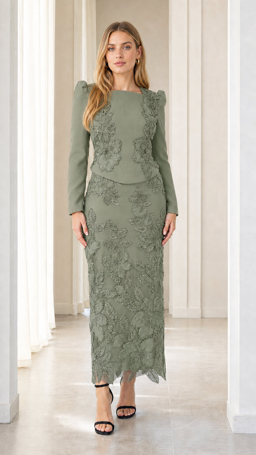 Front view of sage green long sleeve beaded floral lace column evening gown