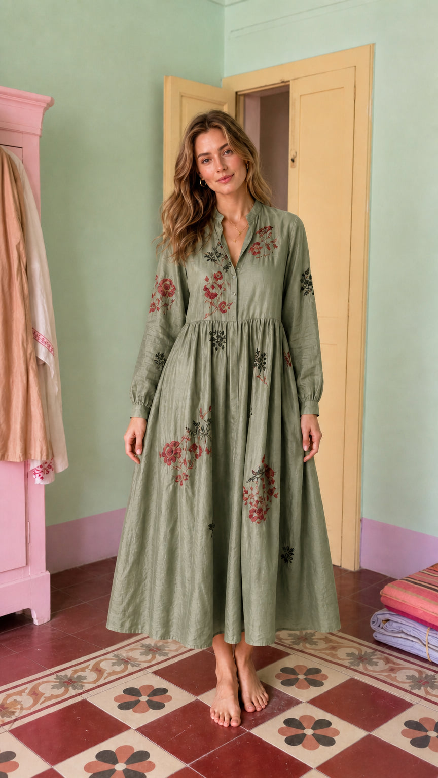 Front view of model wearing sage green embroidered midi dress