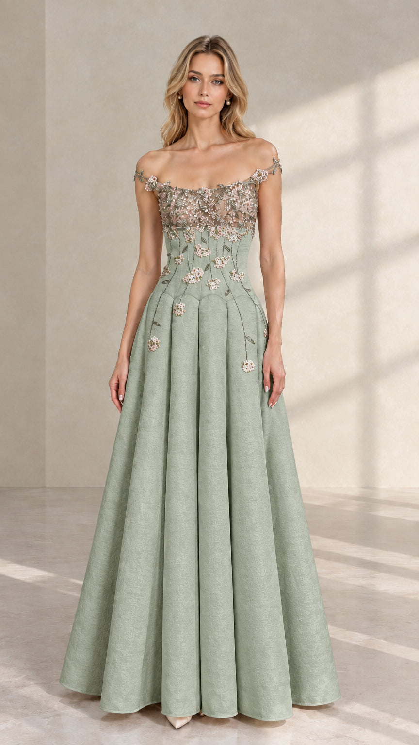Front view of sage green off-the-shoulder pleated evening gown with floral embellishments